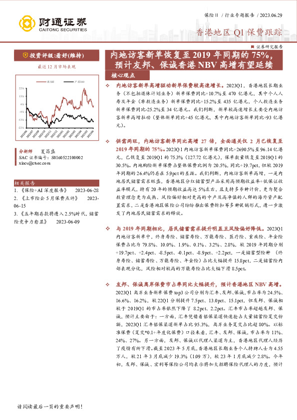 保险Ⅱ行业专题报告：香港地区Q1保费跟踪：内地访客新单恢复至2019年同期的75%，预计友邦、保诚香港NBV高增有望延续