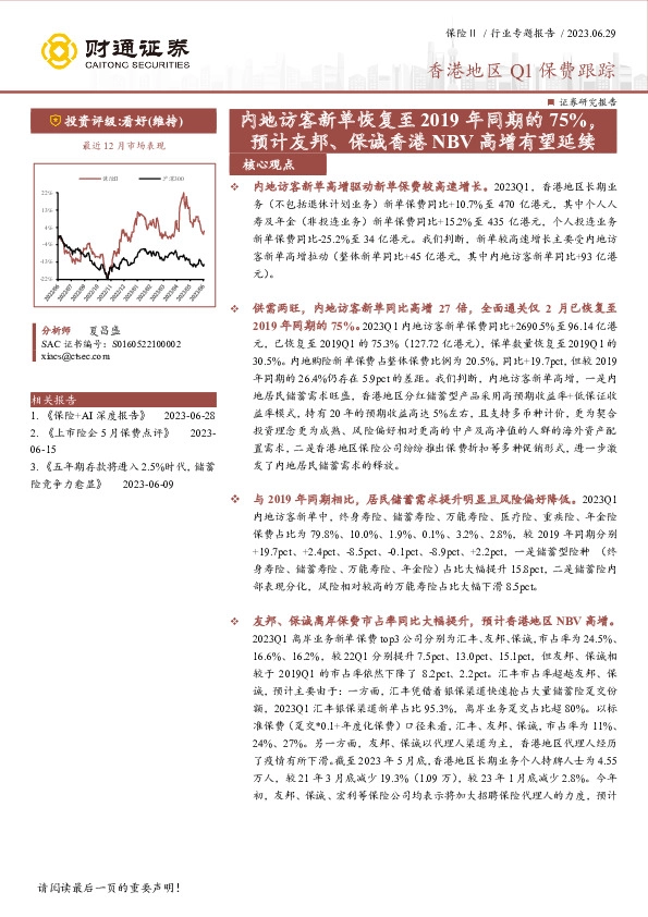 保险Ⅱ行业专题报告：香港地区Q1保费跟踪：内地访客新单恢复至2019年同期的75%，预计友邦、保诚香港NBV高增有望延续