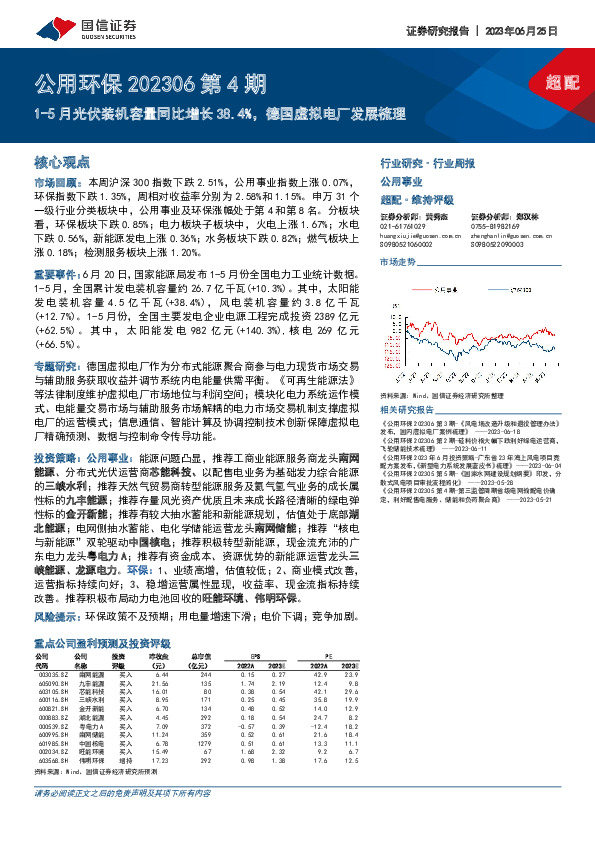 公用环保202306第4期：1-5月光伏装机容量同比增长38.4%，德国虚拟电厂发展梳理