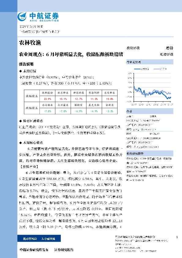 农业周观点：6月母猪明显去化，收储酝酿板块情绪