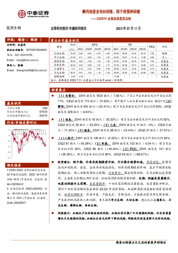 医药生物专题研究报告：2023H1血制品批签发总结-静丙批签发有所回落、因子类强势回暖