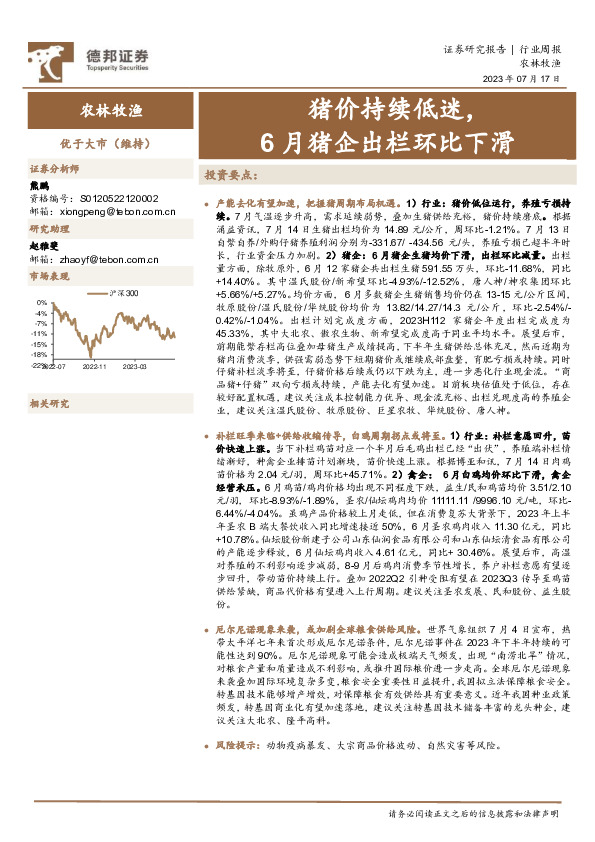 农林牧渔行业周报：猪价持续低迷，6月猪企出栏环比下滑