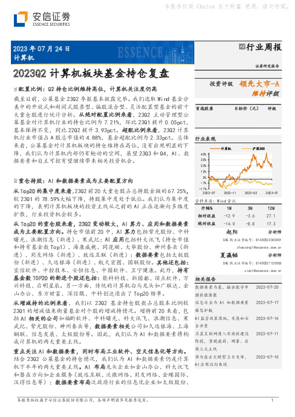计算机行业周报：2023Q2计算机板块基金持仓复盘