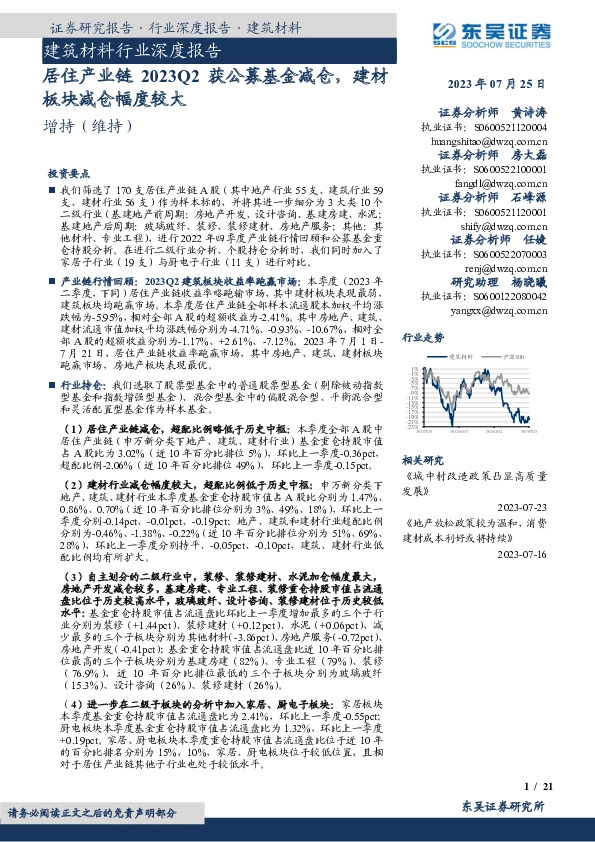 建筑材料行业深度报告：居住产业链2023Q2获公募基金减仓，建材板块减仓幅度较大