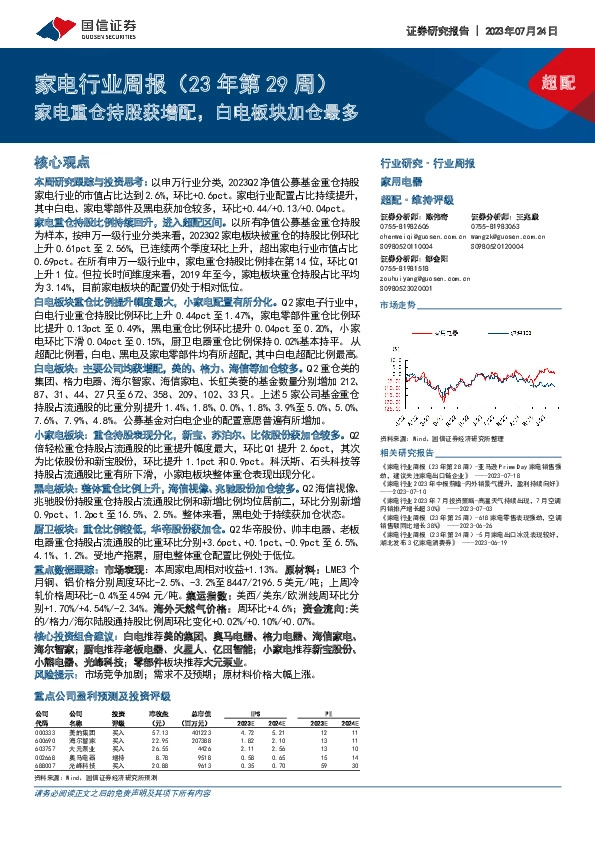 家电行业周报（23年第29周）：家电重仓持股获增配，白电板块加仓最多