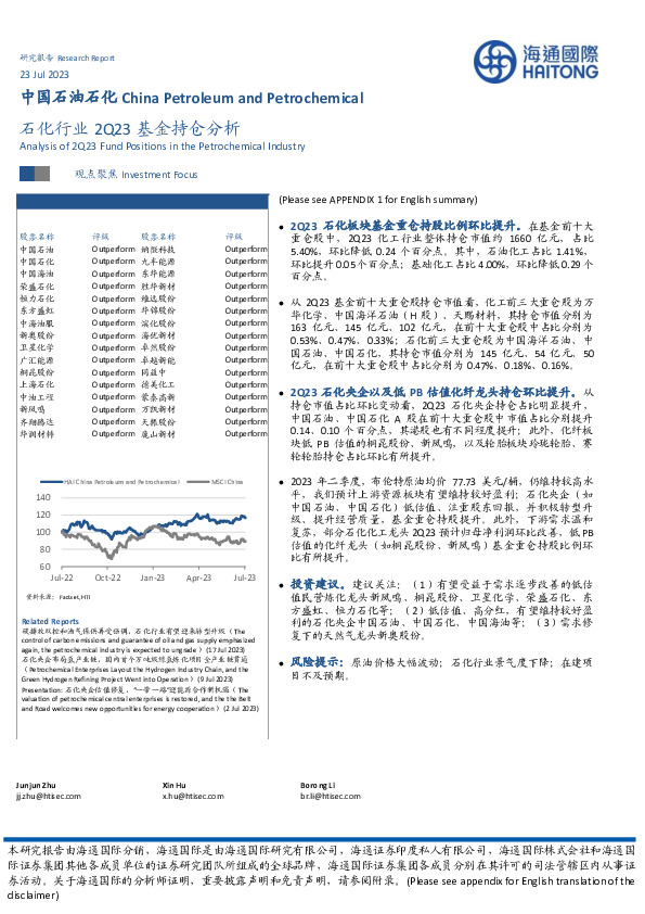 石化行业2Q23基金持仓分析
