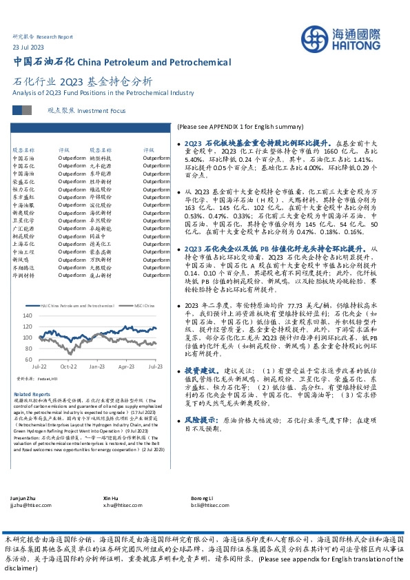 石化行业2Q23基金持仓分析