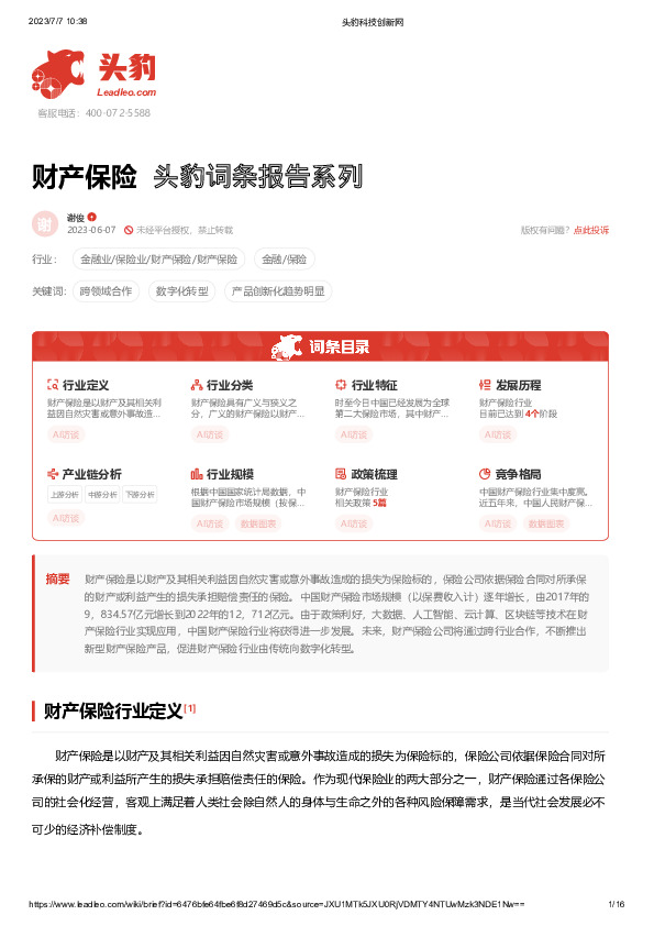 财产保险 头豹词条报告系列