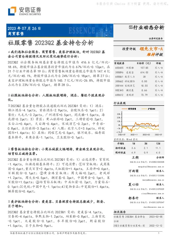 社服零售2023Q2基金持仓分析