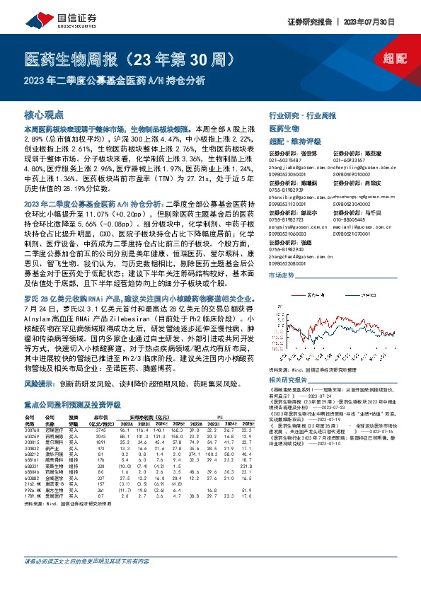 医药生物周报（23年第30周）：2023年二季度公募基金医药A/H持仓分析
