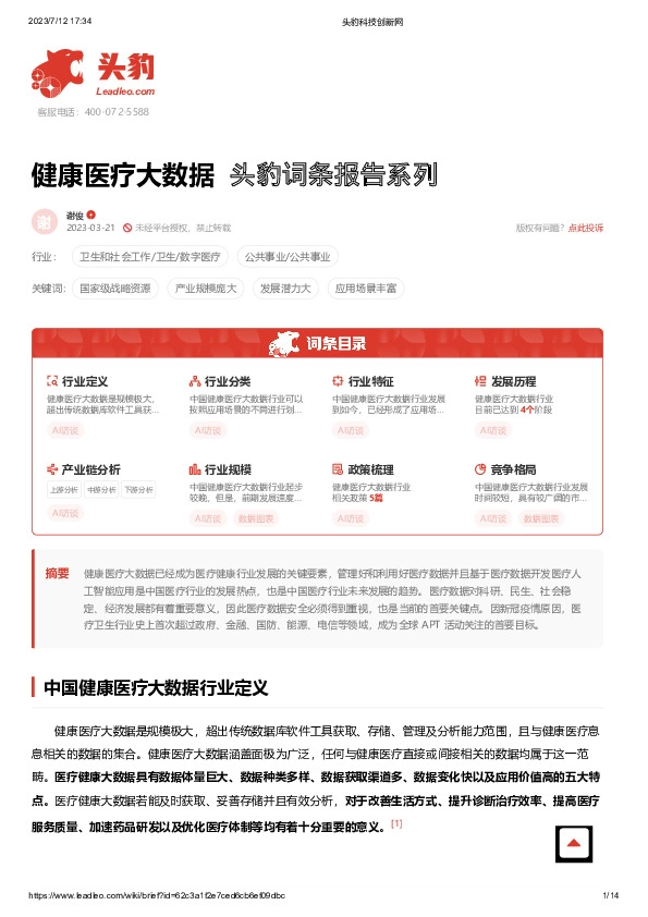 健康医疗大数据 头豹词条报告系列