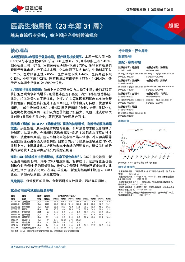 医药生物周报（23年第31周）：胰岛素笔行业分析，关注相应产业链投资机会