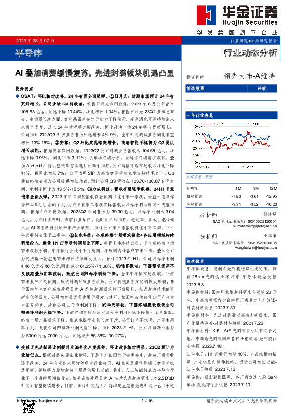 半导体行业动态分析：AI叠加消费缓慢复苏，先进封装板块机遇凸显