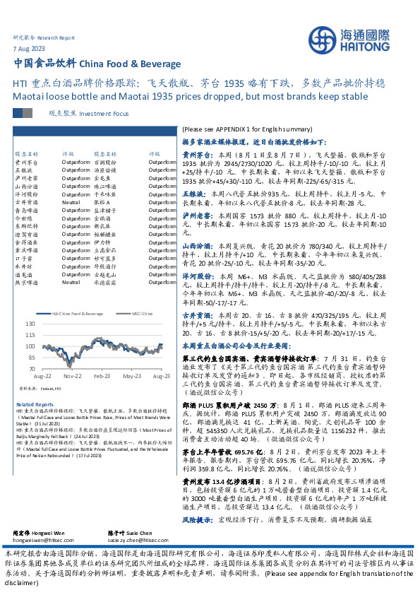 HTI重点白酒品牌价格跟踪：飞天散瓶、茅台1935略有下跌，多数产品批价持稳