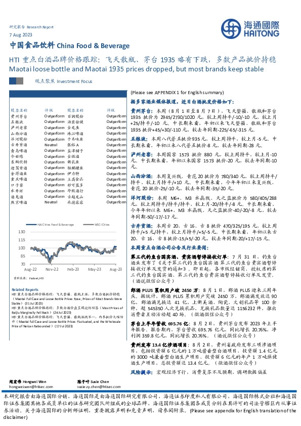 HTI重点白酒品牌价格跟踪：飞天散瓶、茅台1935略有下跌，多数产品批价持稳