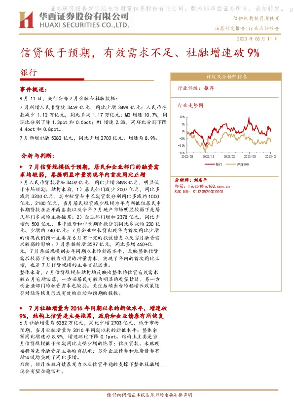 银行行业点评报告：信贷低于预期，有效需求不足、社融增速破9%