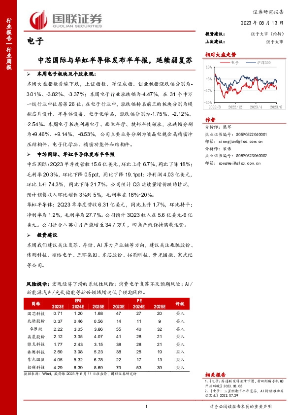 电子行业周报：中芯国际与华虹半导体发布半年报，延续弱复苏