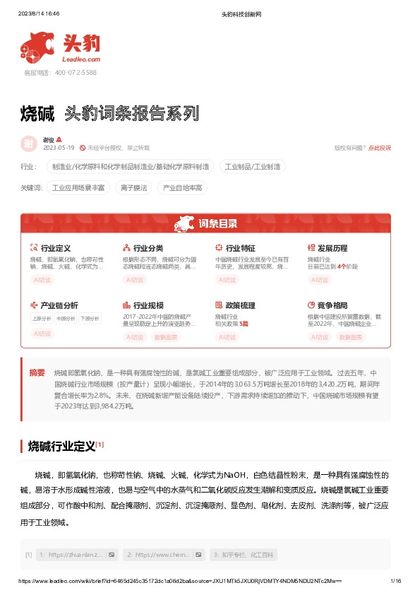 烧碱 头豹词条报告系列
