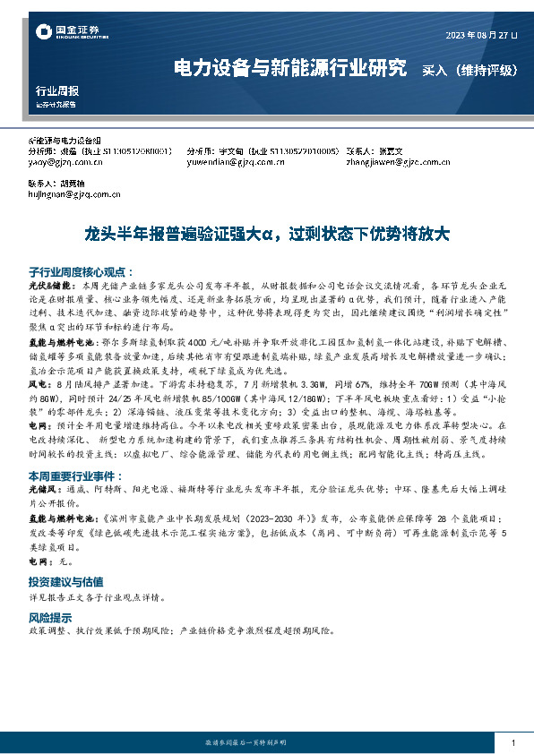 电力设备与新能源行业研究：龙头半年报普遍验证强大α，过剩状态下优势将放大