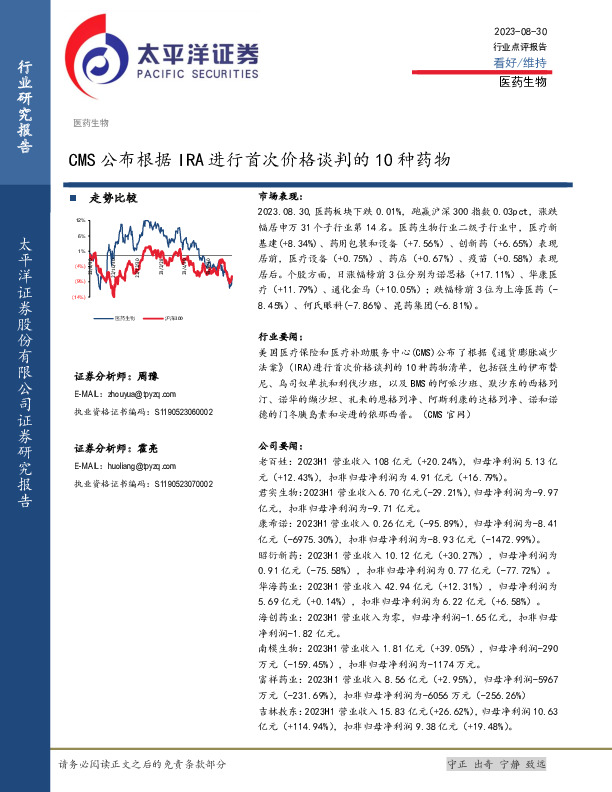 医药生物：CMS公布根据IRA进行首次价格谈判的10种药物
