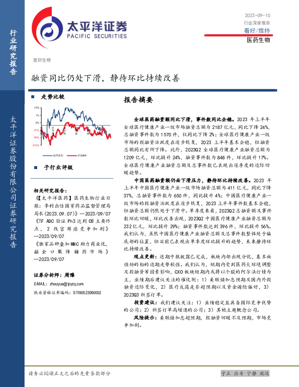 医药生物行业深度：融资同比仍处下滑，静待环比持续改善