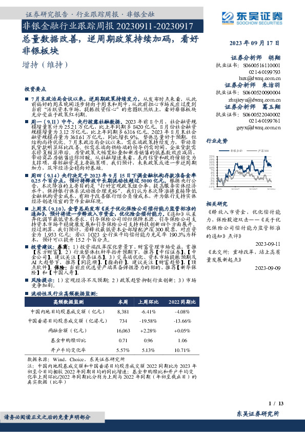 非银金融行业跟踪周报：总量数据改善，逆周期政策持续加码，看好非银板块