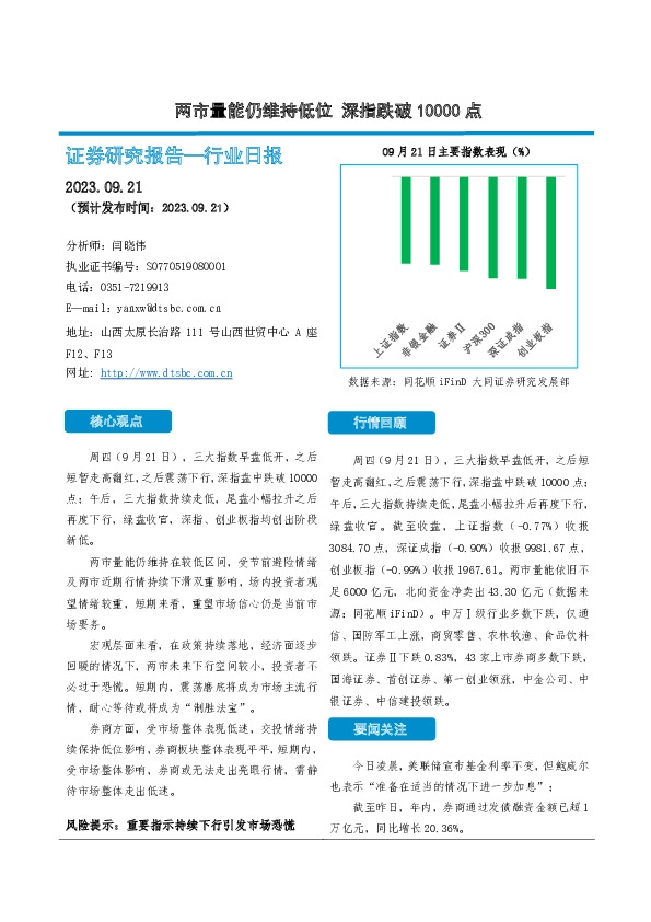 非银金融行业日报：两市量能仍维持低位 深指跌破10000点