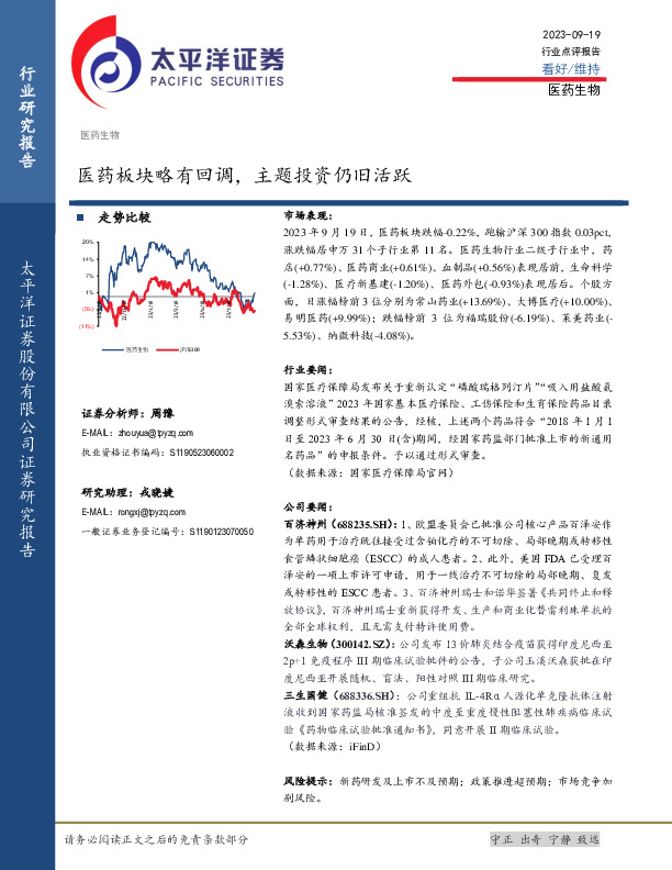 医药生物：医药板块略有回调，主题投资仍旧活跃