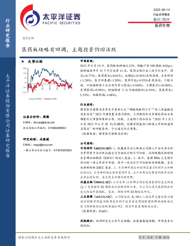 医药生物：医药板块略有回调，主题投资仍旧活跃