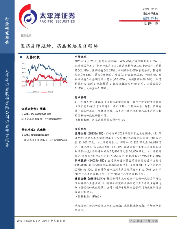 医药生物：医药反弹延续，药品板块表现强势