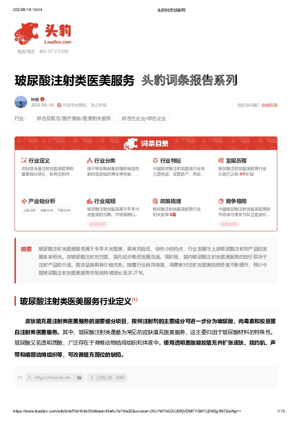 玻尿酸注射类医美服务 头豹词条报告系列