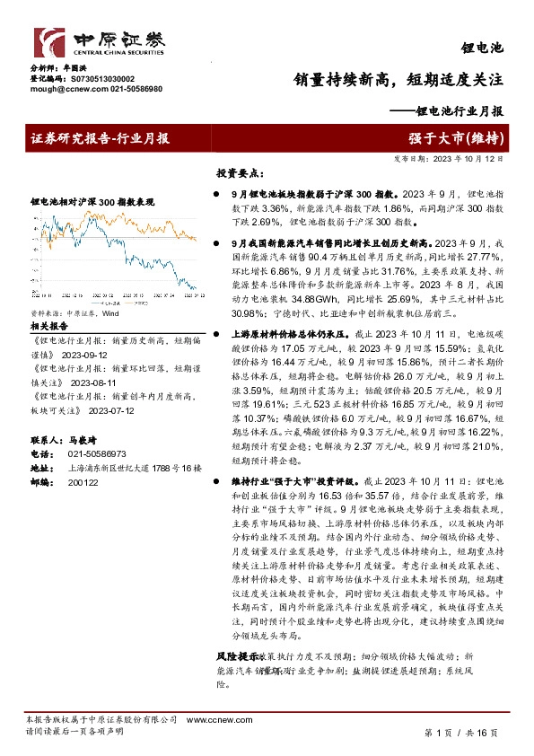 锂电池行业月报：销量持续新高，短期适度关注