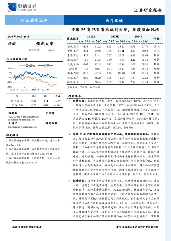 医疗器械行业周度点评：安徽25省IVD集采规则出炉，延续温和风格