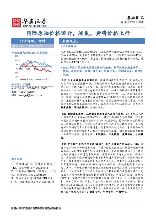 基础化工行业周报：国际原油价格回升，液氯、黄磷价格上行