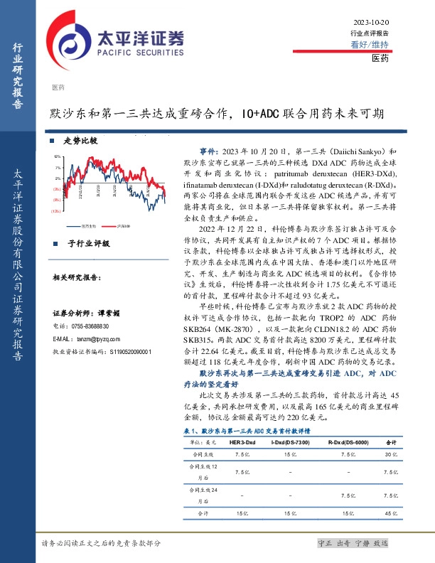 医药：默沙东和第一三共达成重磅合作，IO+ADC联合用药未来可期