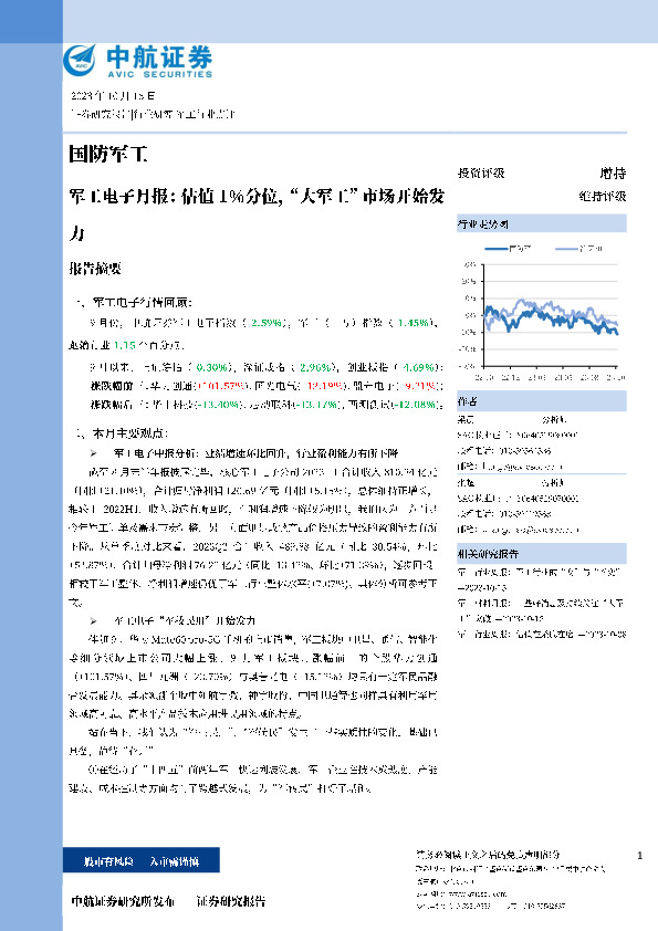 国防军工：军工电子月报：估值1%分位，“大军工”市场开始发力