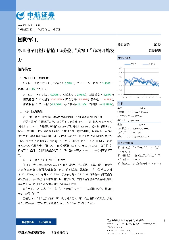 国防军工：军工电子月报：估值1%分位，“大军工”市场开始发力