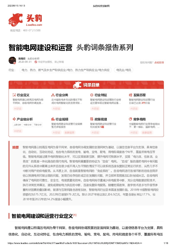 智能电网建设和运营 头豹词条报告系列