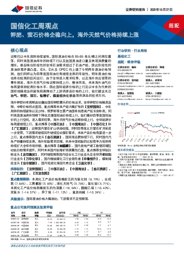 国信化工周观点：钾肥、萤石价格企稳向上，海外天然气价格持续上涨