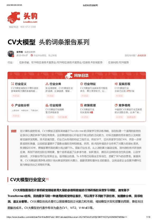 CV大模型 头豹词条报告系列