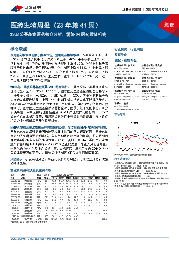 医药生物周报（23年第41周）：23Q3公募基金医药持仓分析，看好Q4医药投资机会