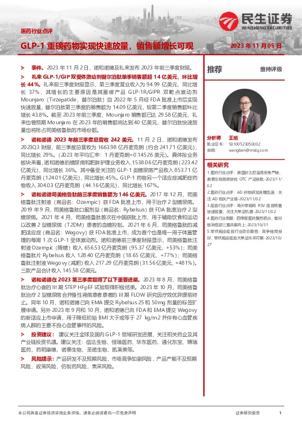 医药行业点评：GLP-1重磅药物实现快速放量，销售额增长可观