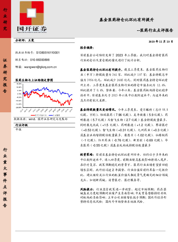 医药行业点评报告：基金医药持仓比环比有所提升