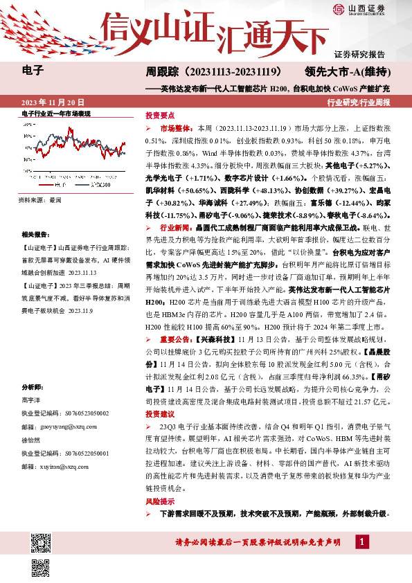 电子周跟踪：英伟达发布新一代人工智能芯片H200，台积电加快CoWoS产能扩充