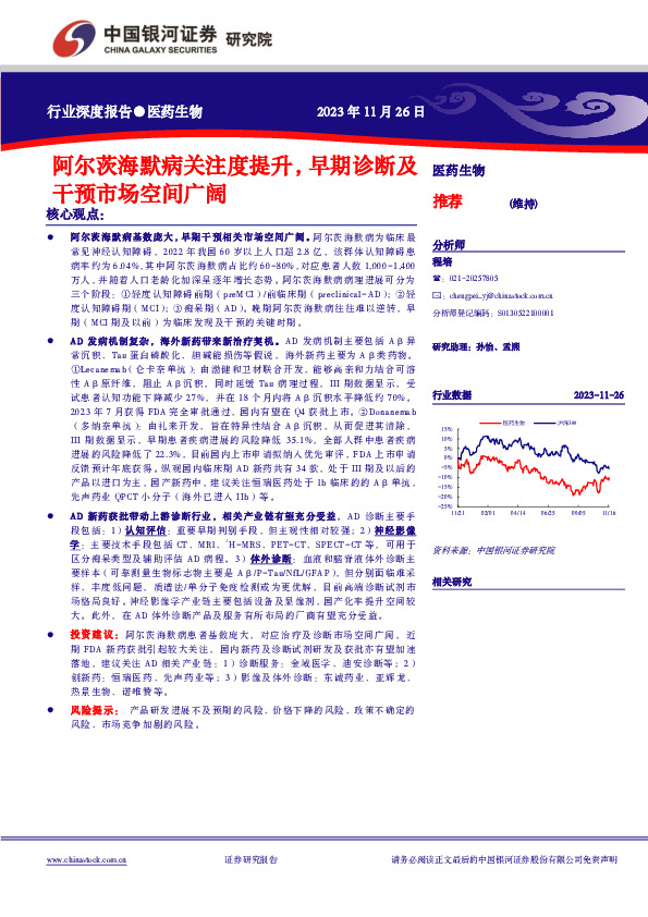 医药生物行业深度报告：阿尔茨海默病关注度提升，早期诊断及干预市场空间广阔
