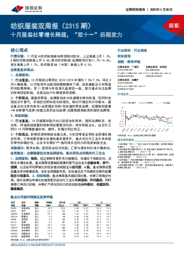 纺织服装双周报（2315期）：十月服装社零增长降速，“双十一”后程发力