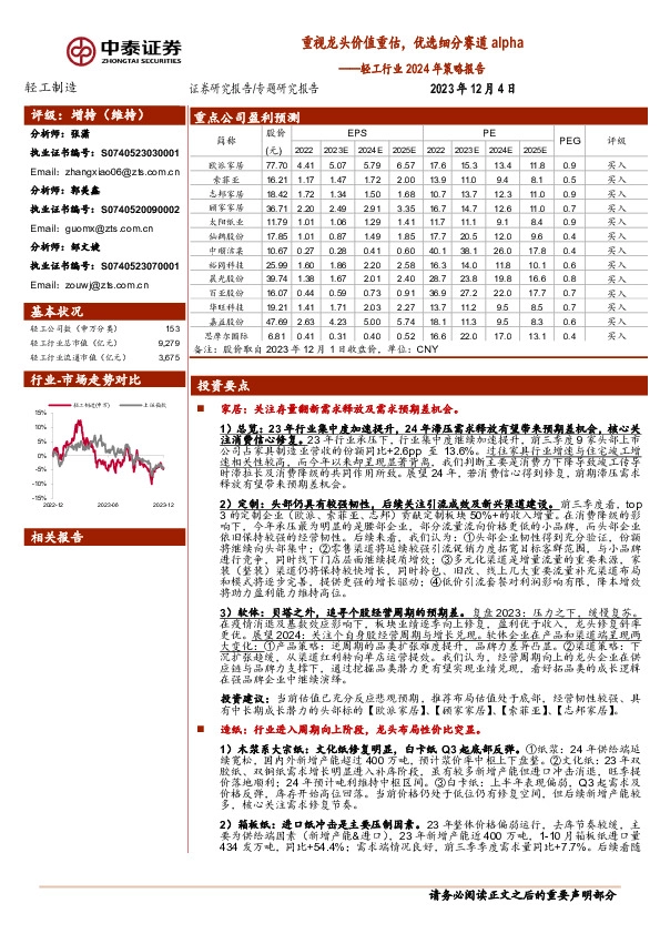 轻工行业2024年策略报告：重视龙头价值重估，优选细分赛道alpha