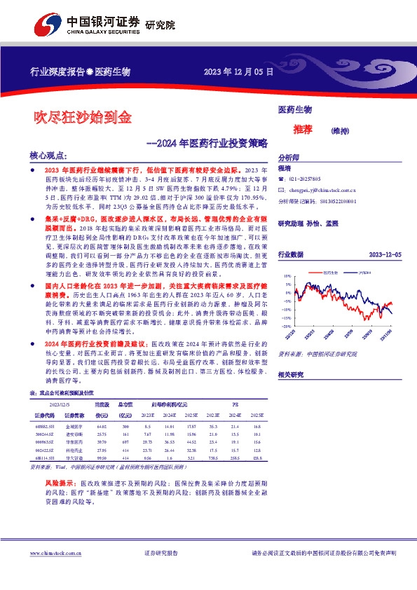 2024年医药行业投资策略：吹尽狂沙始到金