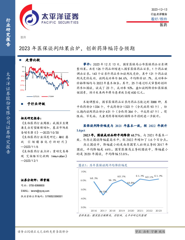 医药：2023年医保谈判结果出炉，创新药降幅符合预期
