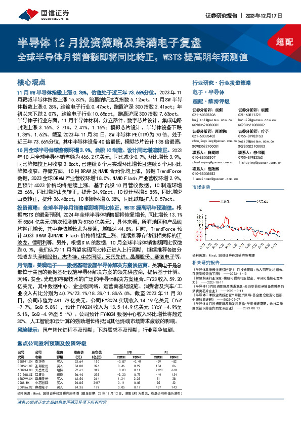 半导体12月投资策略及美满电子复盘：全球半导体月销售额即将同比转正，WSTS提高明年预测值